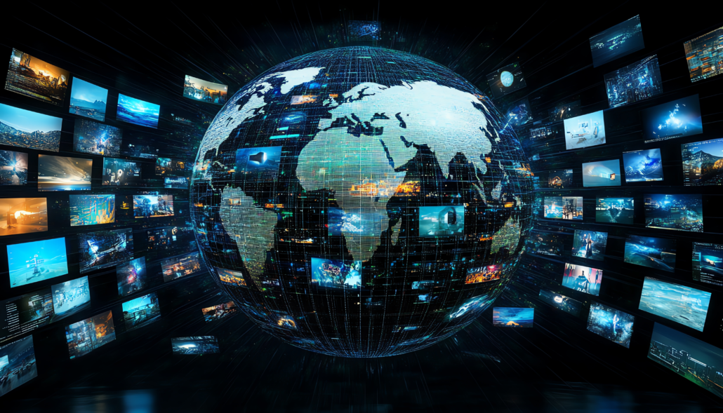 Futuristic digital globe with interconnected lines and floating images, dark background showcasing the global network for video streaming and online social media advertising Affordable video infrastructure