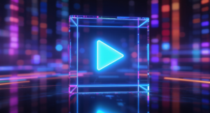 Neon Play Button in a Glass Cube with Futuristic Background Affordable playout
